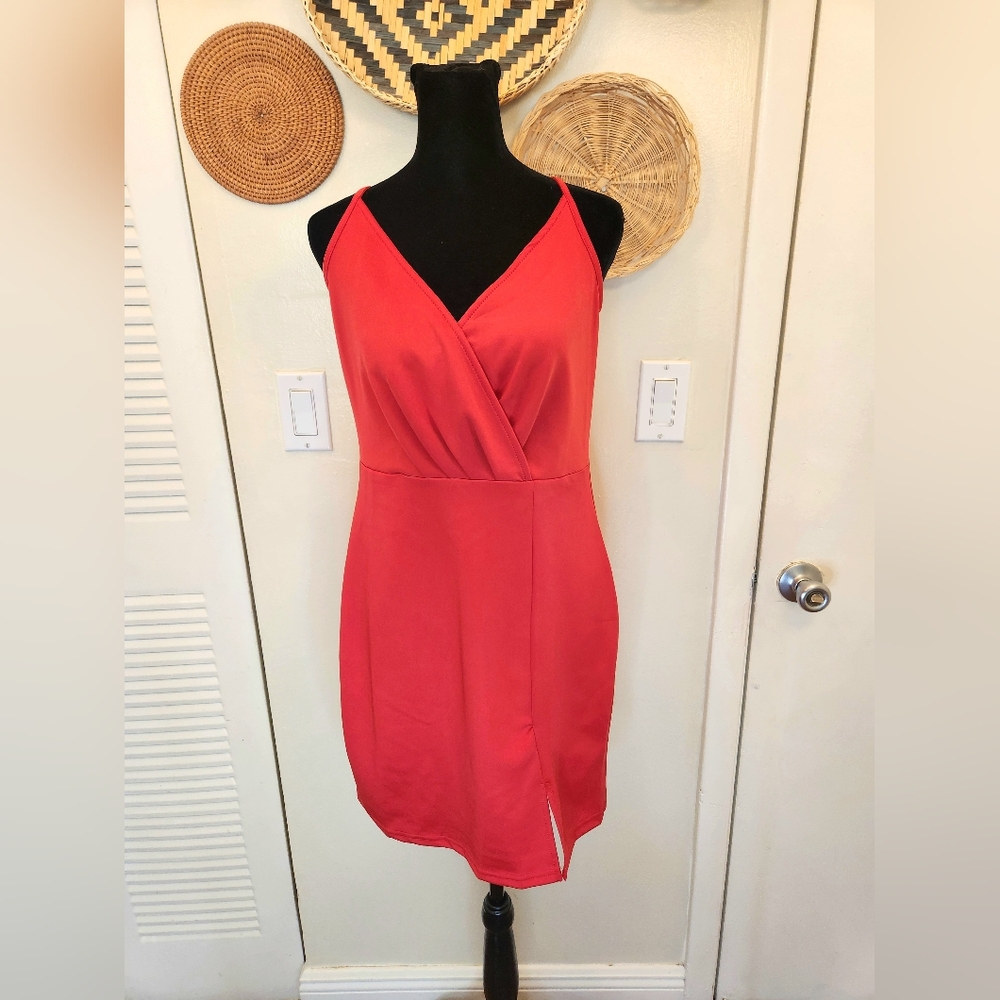 LAST ONE! Red Bodycon V-neck Spaghetti Strap Mini Dress WA